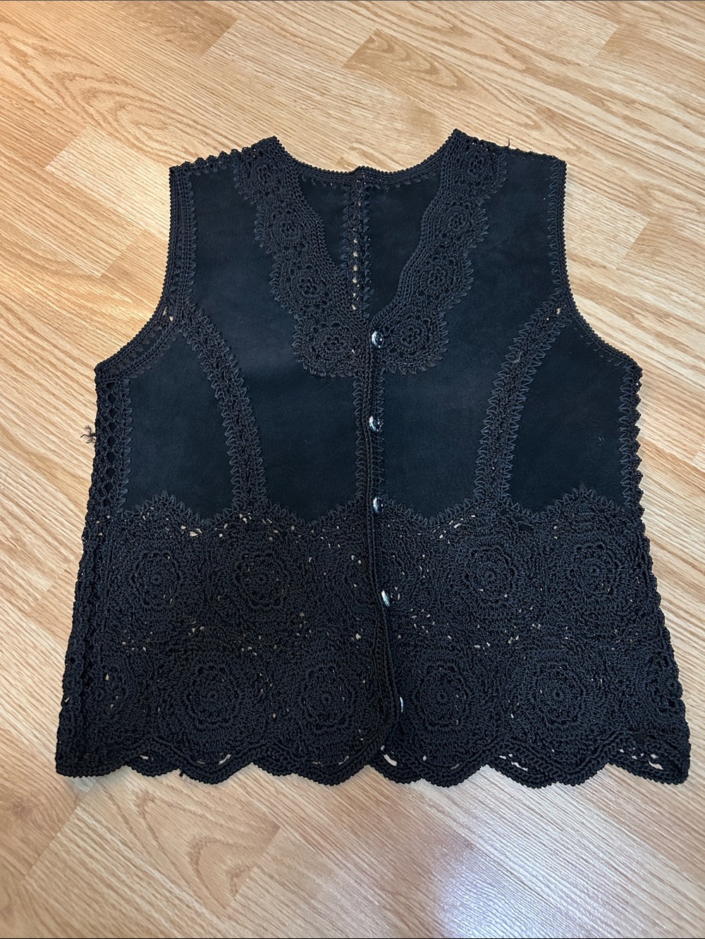 Black Crochet Lace Button-Up Suede Vest
